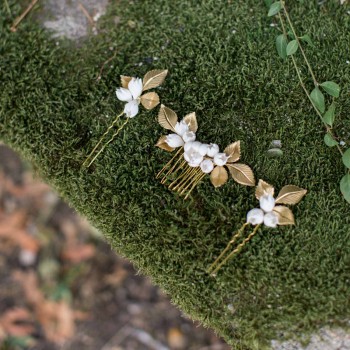 "Fiona" Trio de peigne et pics feuillages et bourgeons fleuris