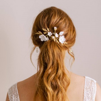 "Alia" Ornements coiffure de mariée avec feuillages et fleurs en laiton et porcelaine