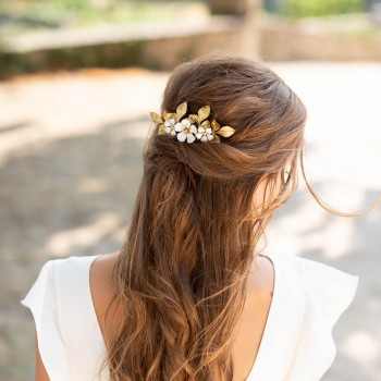 "Liana" Peigne de mariée jolis feuillages en laiton et fleurs émaillées