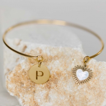 "Coeur d'or" Jonc doré avec coeur doré nacre et lettre personnalisables